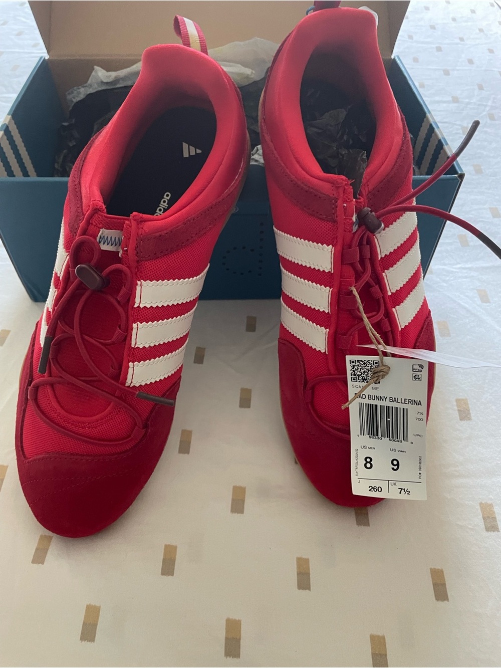 Adidas Red Bad Bunny Men’s Sneakers with White Three-Stripes and Toggle Laces